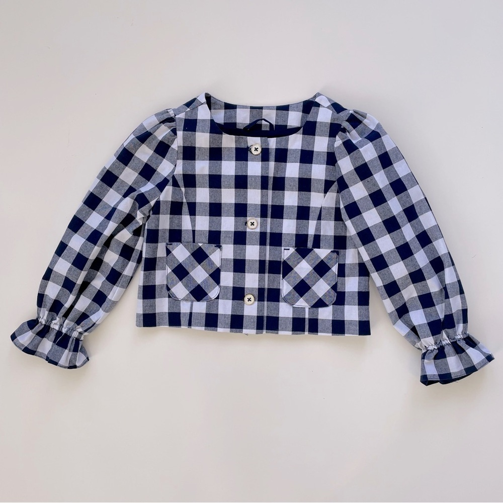 Janie and Jack Girls Navy Blue White Gingham Cropped Blazer Jacket Size 4, NWT